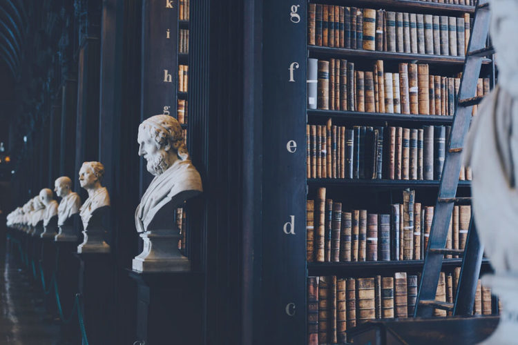 statues of philosophers in a vintage library with old books